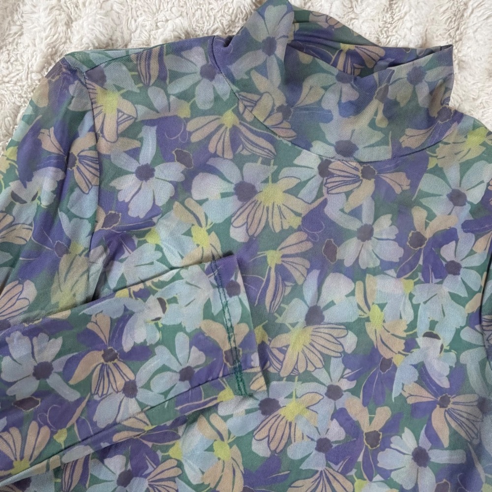 Maeve Anthropologie Floral Mesh Mock Neck Top Purple Green Long Sleeve Medium